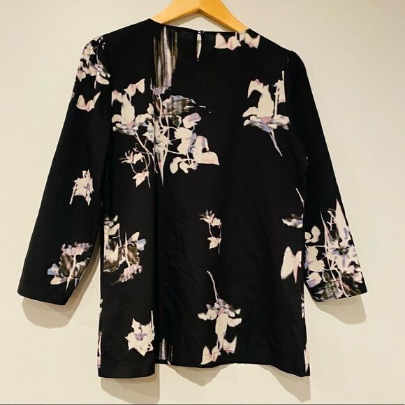 French Connection Black Waterflower 3/4 Sleeve Top Size 8 - Picture 3 of 6
